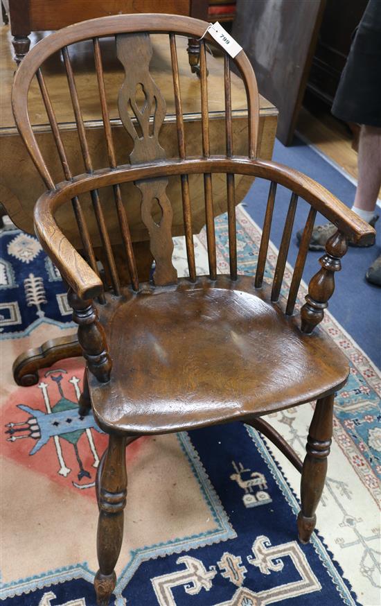 Two Victorian ash and elm low stickback Windsor armchairs